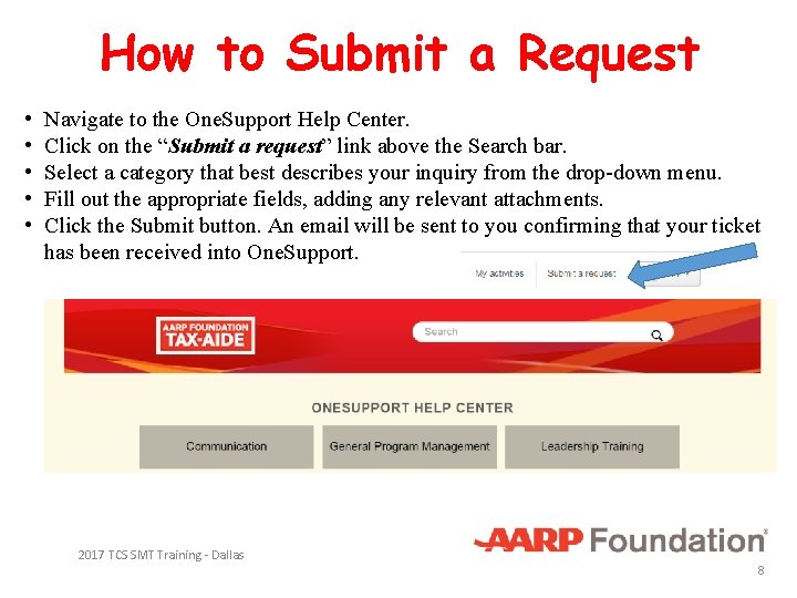 How to Submit a Request • • • Navigate to the One. Support Help