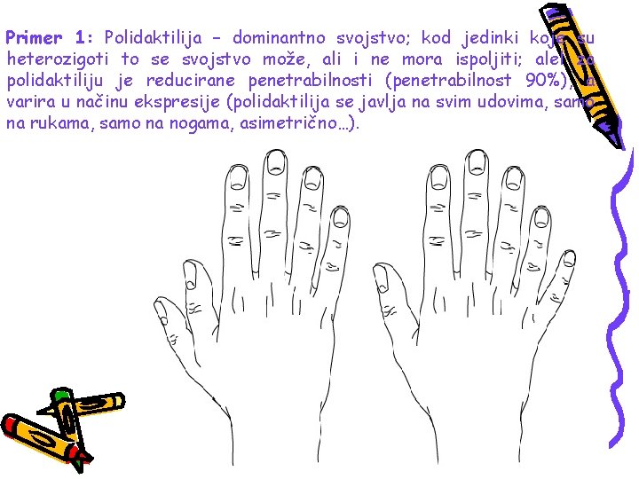 Primer 1: Polidaktilija – dominantno svojstvo; kod jedinki koje su heterozigoti to se svojstvo