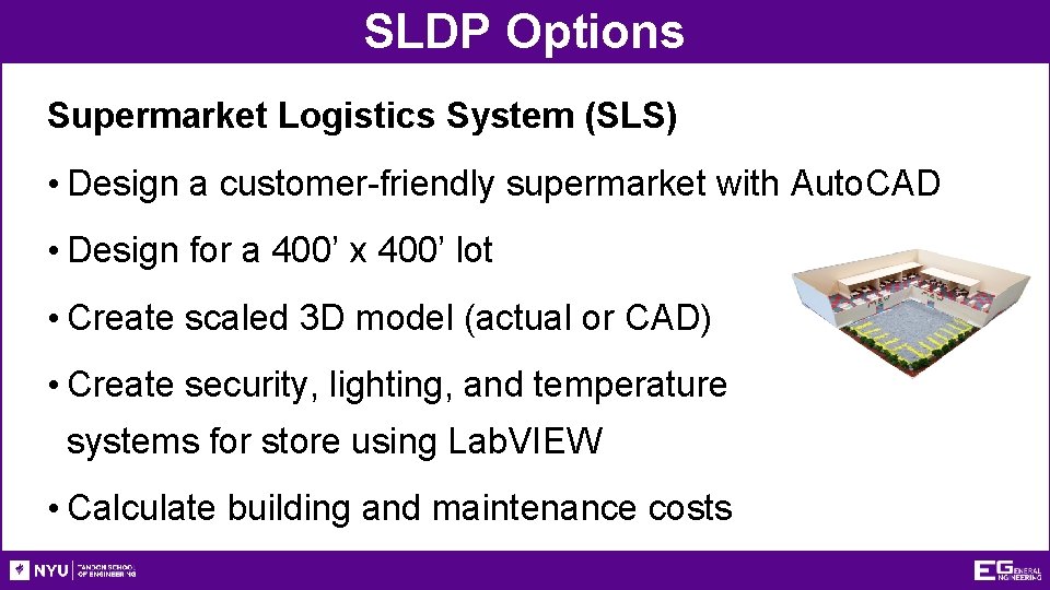 SLDP Options Supermarket Logistics System (SLS) • Design a customer-friendly supermarket with Auto. CAD