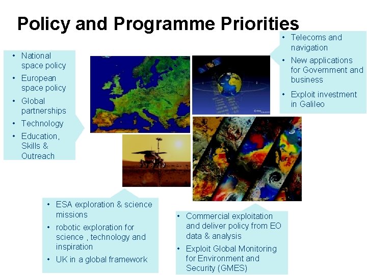 Policy and Programme Priorities • Telecoms and navigation • National space policy • New