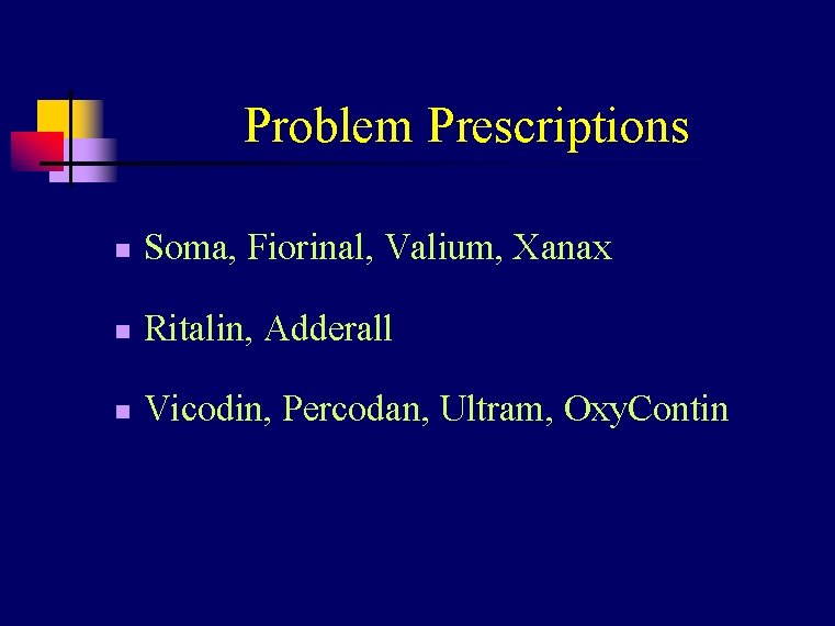 Problem Prescriptions n Soma, Fiorinal, Valium, Xanax n Ritalin, Adderall n Vicodin, Percodan, Ultram,