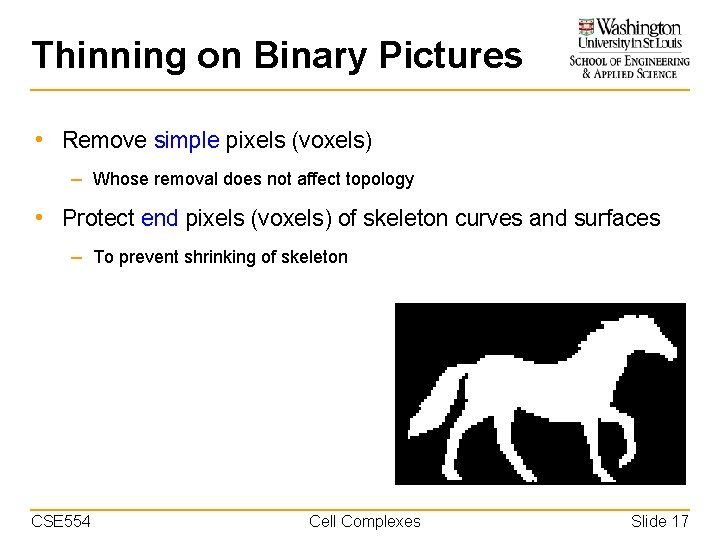 Thinning on Binary Pictures • Remove simple pixels (voxels) – Whose removal does not