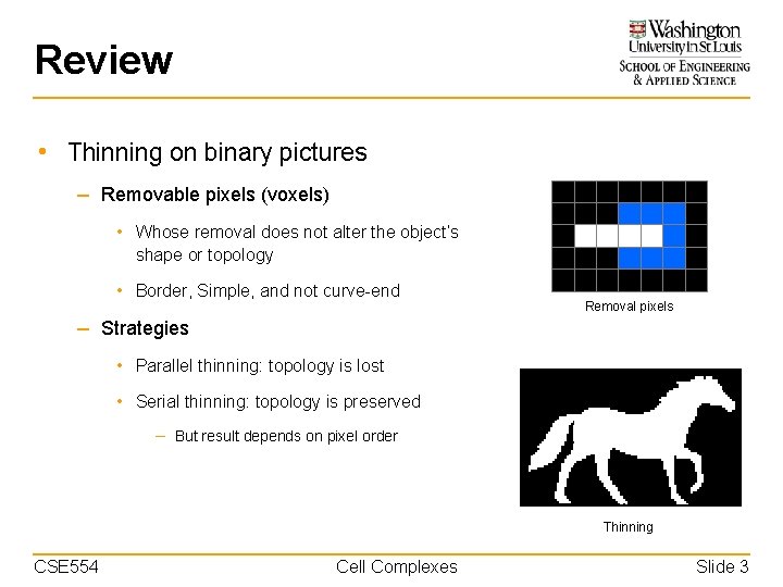 Review • Thinning on binary pictures – Removable pixels (voxels) • Whose removal does