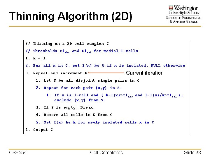 Thinning Algorithm (2 D) // Thinning on a 2 D cell complex C //