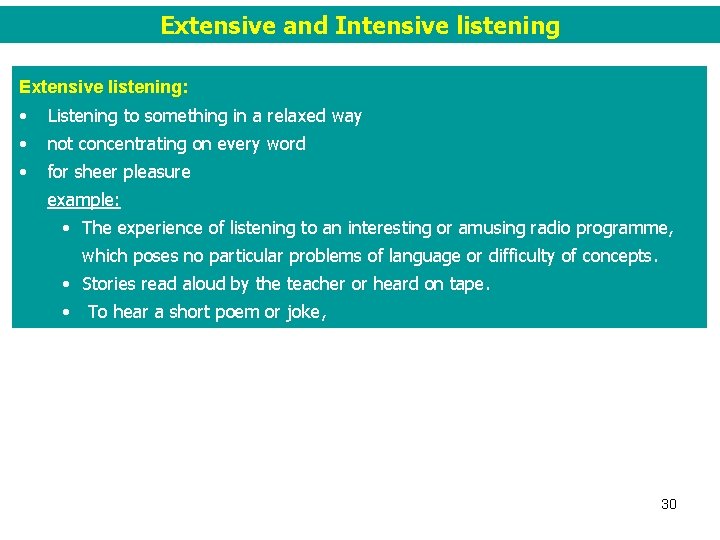 Extensive and Intensive listening Extensive listening: • Listening to something in a relaxed way Extensive and Intensive listening Extensive listening: • Listening to something in a relaxed way