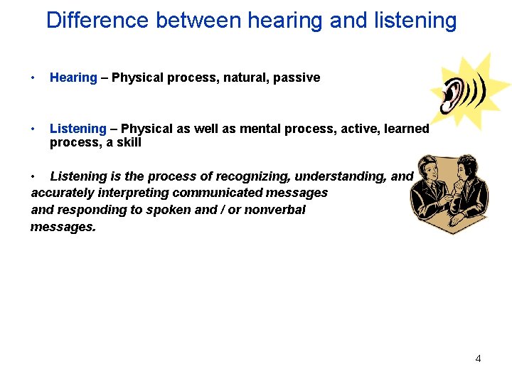 Difference between hearing and listening • Hearing – Physical process, natural, passive • Listening Difference between hearing and listening • Hearing – Physical process, natural, passive • Listening
