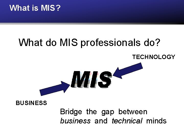 What is MIS? What do MIS professionals do? TECHNOLOGY BUSINESS Bridge the gap between