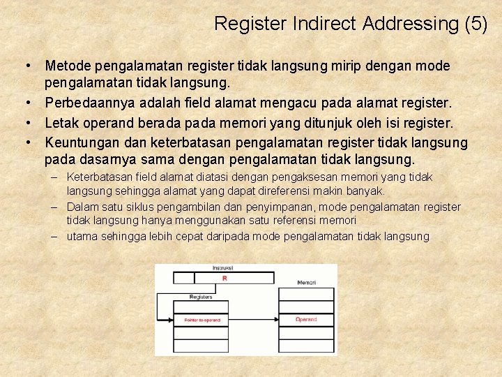 Register Indirect Addressing (5) • Metode pengalamatan register tidak langsung mirip dengan mode pengalamatan