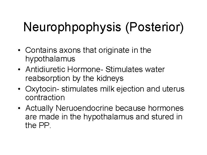 Neurophpophysis (Posterior) • Contains axons that originate in the hypothalamus • Antidiuretic Hormone- Stimulates