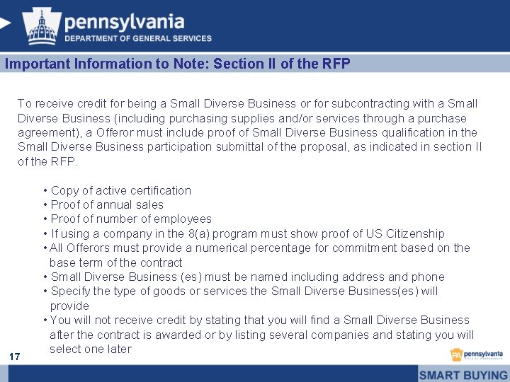 Important Information to Note: Section II of the RFP To receive credit for being