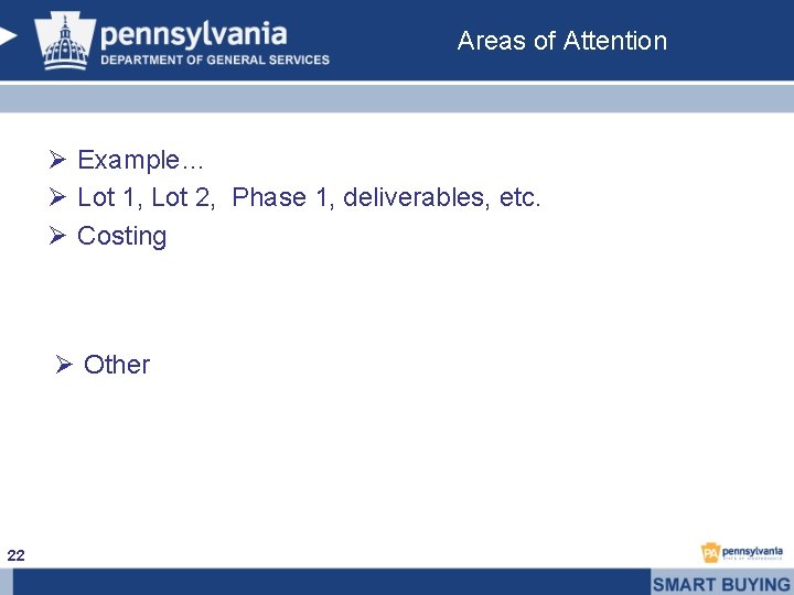 Areas of Attention Ø Example… Ø Lot 1, Lot 2, Phase 1, deliverables, etc.