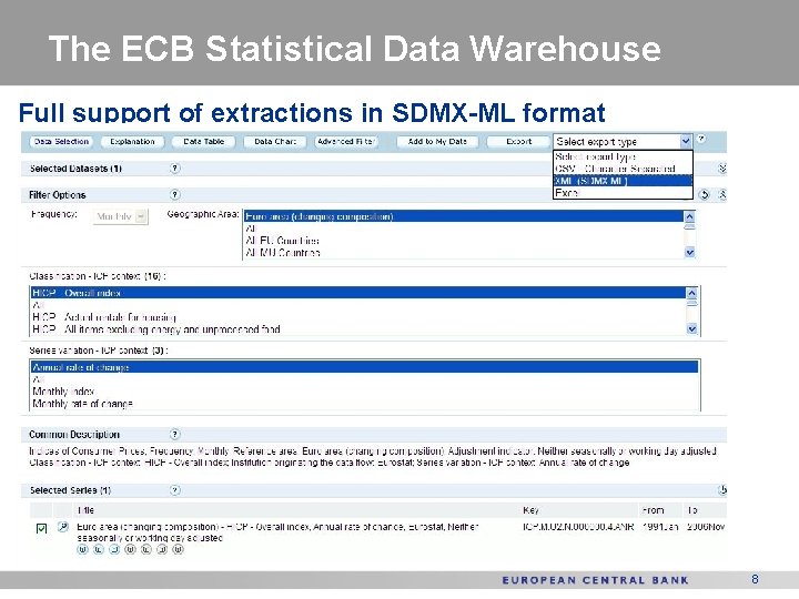 The ECB Statistical Data Warehouse Full support of extractions in SDMX-ML format 8 