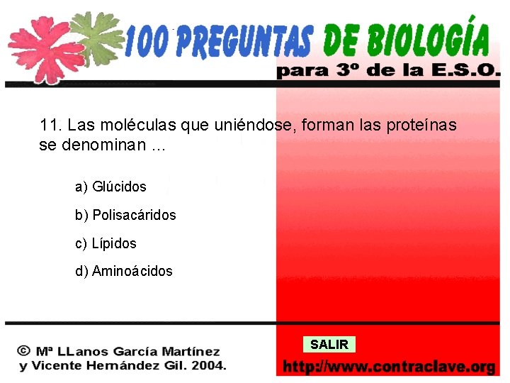 11. Las moléculas que uniéndose, forman las proteínas se denominan … a) Glúcidos b)