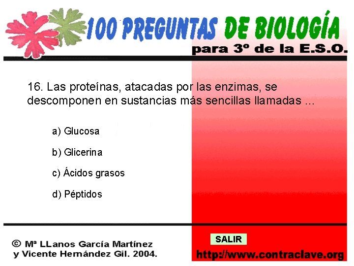 16. Las proteínas, atacadas por las enzimas, se descomponen en sustancias más sencillas llamadas