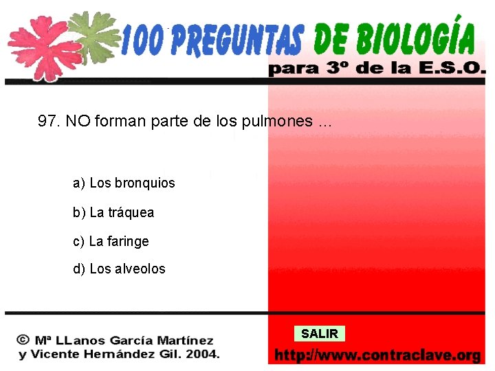 97. NO forman parte de los pulmones … a) Los bronquios b) La tráquea