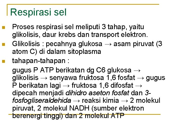 Respirasi sel n n n Proses respirasi sel meliputi 3 tahap, yaitu glikolisis, daur