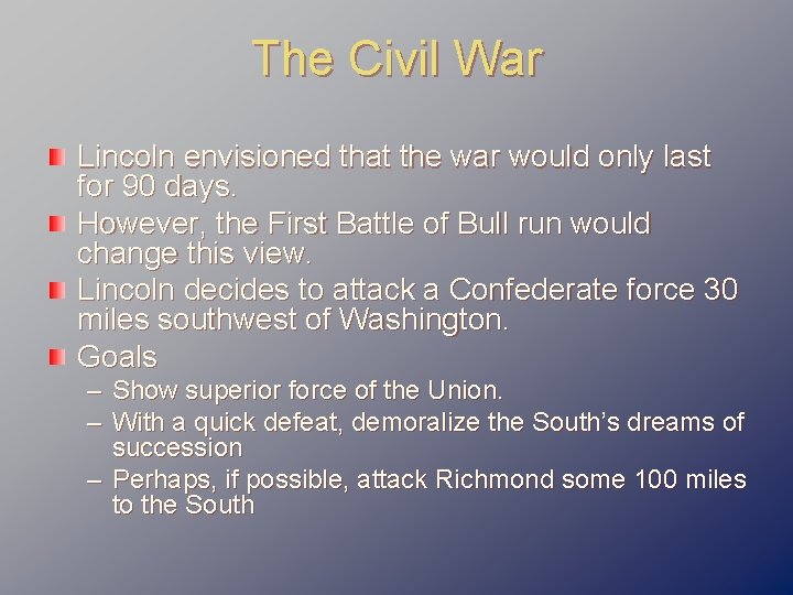 The Civil War Lincoln envisioned that the war would only last for 90 days.