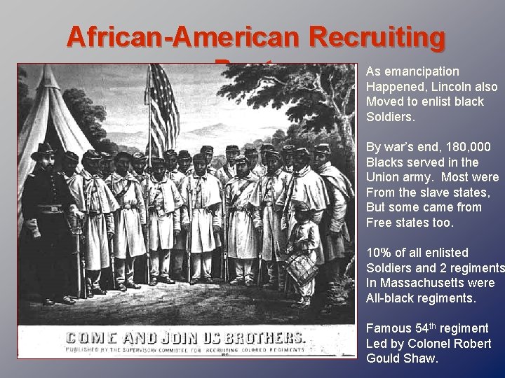 African-American Recruiting As emancipation Poster Happened, Lincoln also Moved to enlist black Soldiers. By