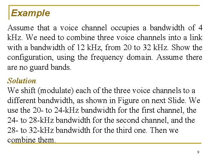 Example Assume that a voice channel occupies a bandwidth of 4 k. Hz. We