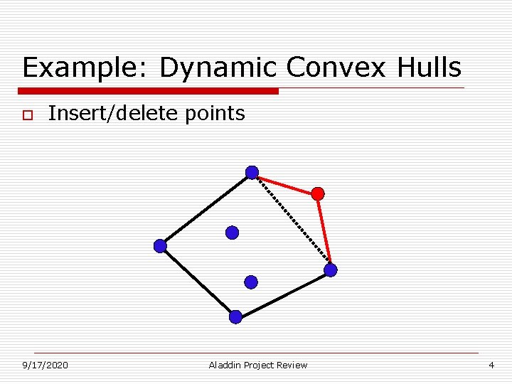 Example: Dynamic Convex Hulls o Insert/delete points 9/17/2020 Aladdin Project Review 4 Example: Dynamic Convex Hulls o Insert/delete points 9/17/2020 Aladdin Project Review 4