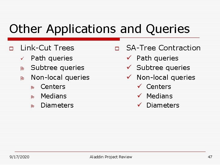 Other Applications and Queries o Link-Cut Trees ü O O 9/17/2020 Path queries Subtree Other Applications and Queries o Link-Cut Trees ü O O 9/17/2020 Path queries Subtree
