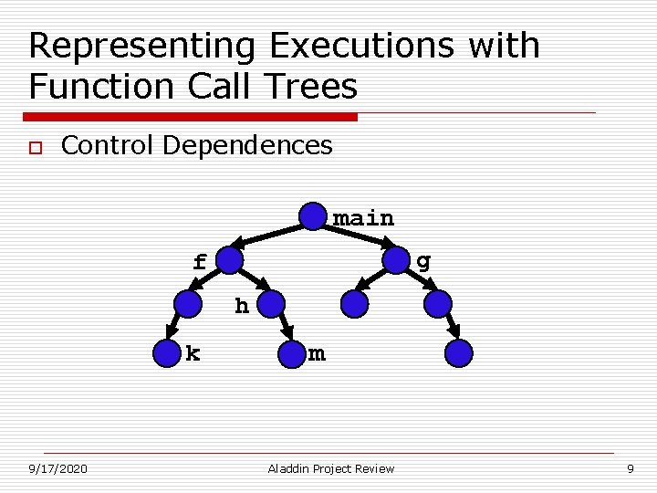 Representing Executions with Function Call Trees o Control Dependences main g f h k Representing Executions with Function Call Trees o Control Dependences main g f h k