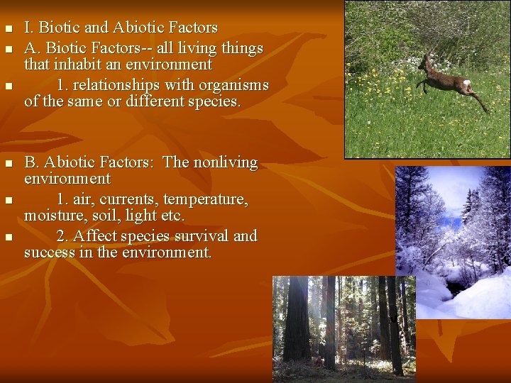 n n n I. Biotic and Abiotic Factors A. Biotic Factors-- all living things