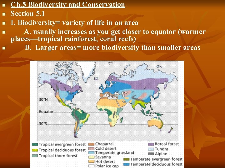 n n n Ch. 5 Biodiversity and Conservation Section 5. 1 I. Biodiversity= variety