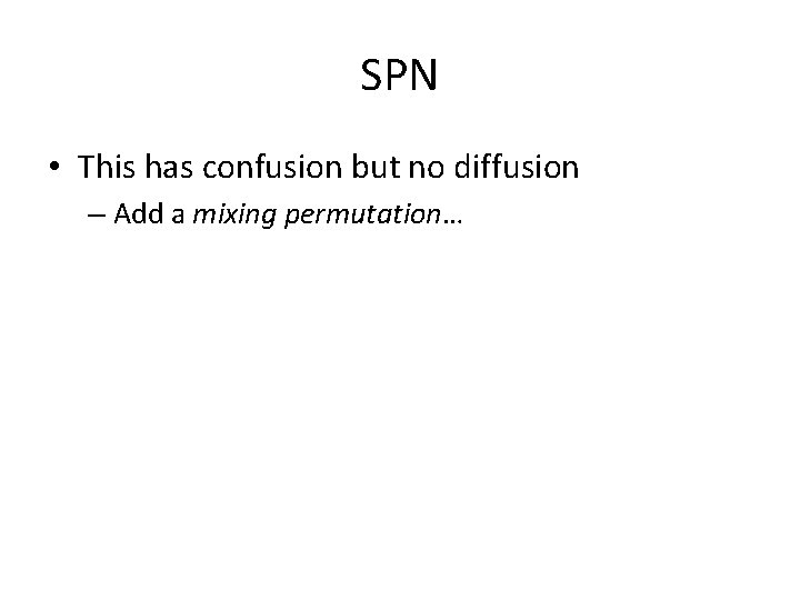SPN • This has confusion but no diffusion – Add a mixing permutation… 