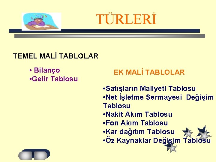 TÜRLERİ TEMEL MALİ TABLOLAR • Bilanço • Gelir Tablosu EK MALİ TABLOLAR • Satışların