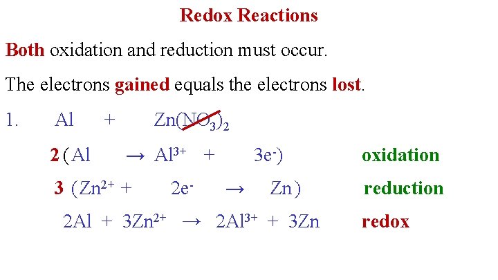 Redox Reactions Both oxidation and reduction must occur. The electrons gained equals the electrons