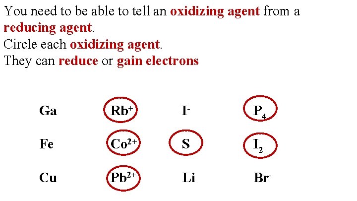 You need to be able to tell an oxidizing agent from a reducing agent.