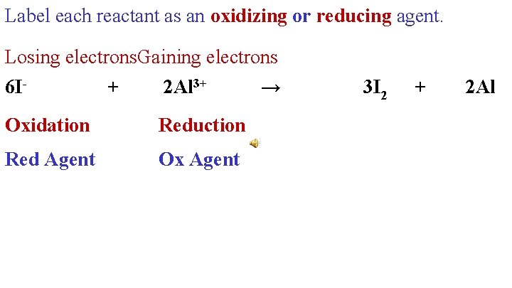 Label each reactant as an oxidizing or reducing agent. Losing electrons Gaining electrons 6