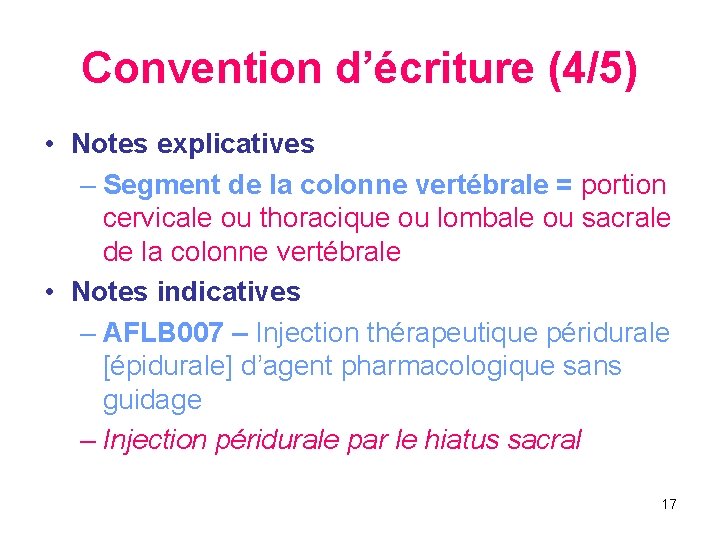 Convention d’écriture (4/5) • Notes explicatives – Segment de la colonne vertébrale = portion