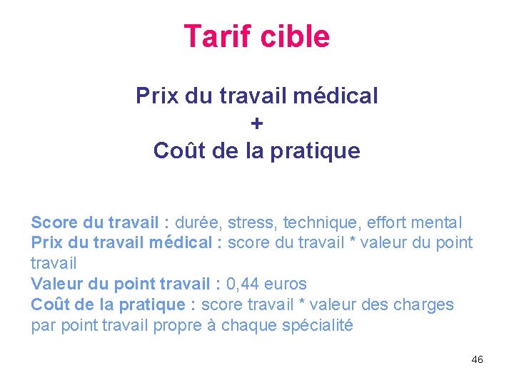 Tarif cible Prix du travail médical + Coût de la pratique Score du travail