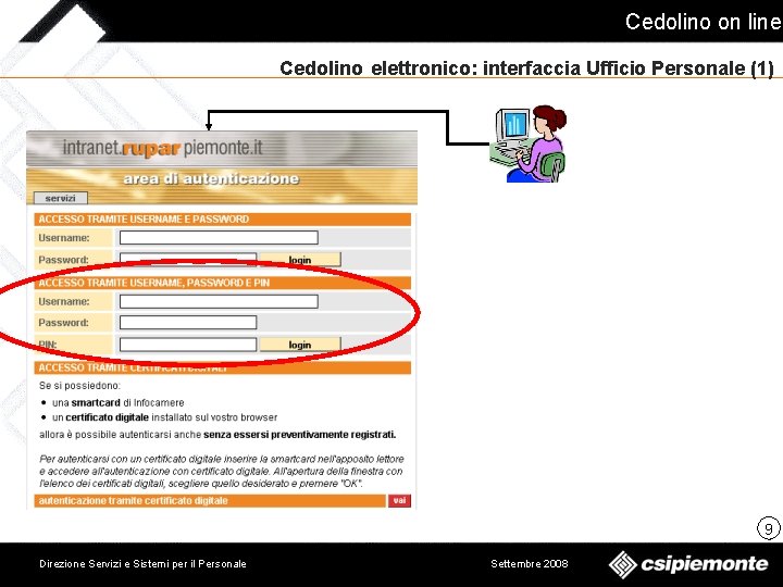 Cedolino on line Cedolino elettronico: interfaccia Ufficio Personale (1) 9 Direzione Servizi e Sistemi