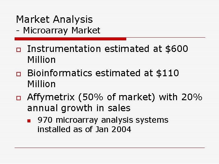 Market Analysis - Microarray Market o o o Instrumentation estimated at $600 Million Bioinformatics