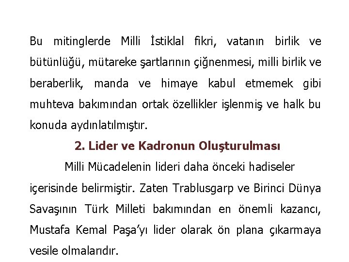 Bu mitinglerde Milli İstiklal fikri, vatanın birlik ve bütünlüğü, mütareke şartlarının çiğnenmesi, milli birlik