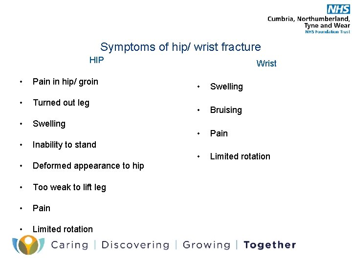 Symptoms of hip/ wrist fracture HIP • Pain in hip/ groin • Turned out