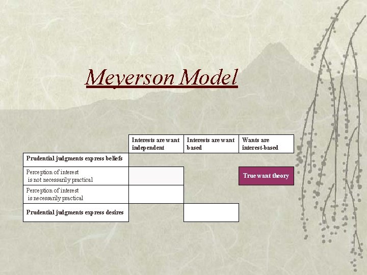 Meyerson Model Interests are want independent Interests are want based Wants are interest-based Prudential
