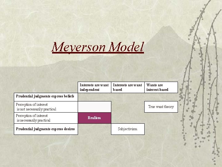 Meyerson Model Interests are want independent Interests are want based Wants are interest-based Prudential