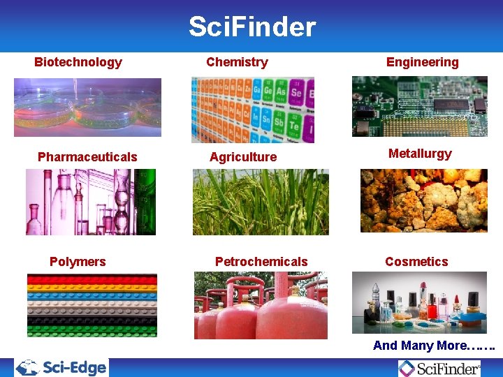 Sci. Finder Biotechnology Chemistry Engineering Pharmaceuticals Agriculture Metallurgy Polymers Petrochemicals Cosmetics And Many More……. Sci. Finder Biotechnology Chemistry Engineering Pharmaceuticals Agriculture Metallurgy Polymers Petrochemicals Cosmetics And Many More…….