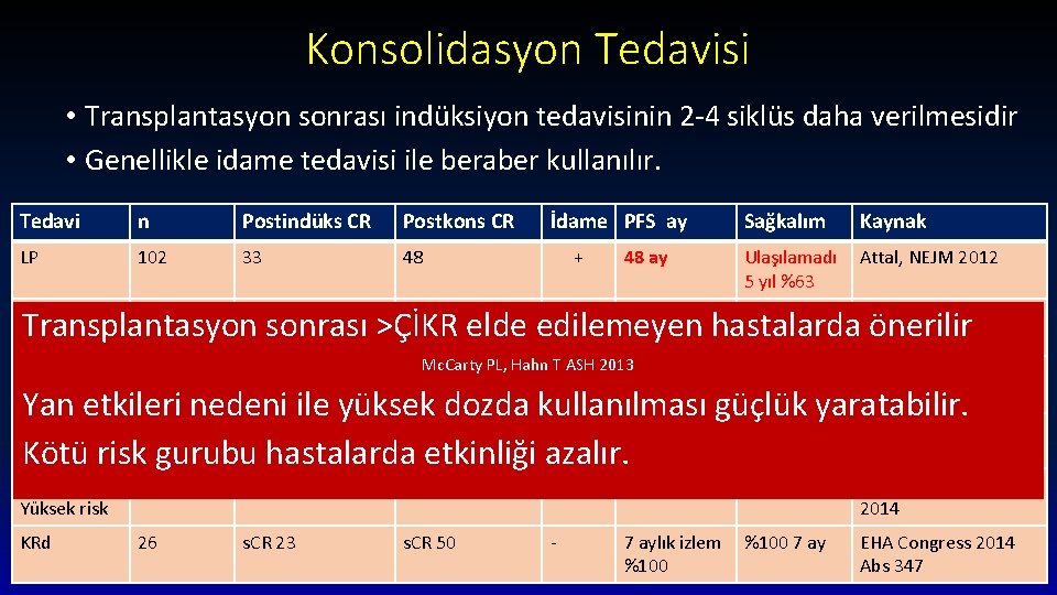 Konsolidasyon Tedavisi • Transplantasyon sonrası indüksiyon tedavisinin 2 -4 siklüs daha verilmesidir • Genellikle