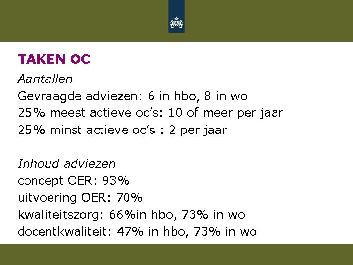 TAKEN OC Aantallen Gevraagde adviezen: 6 in hbo, 8 in wo 25% meest actieve