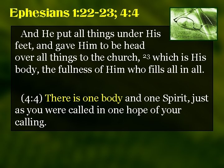 Ephesians 1: 22 -23; 4: 4 And He put all things under His feet,