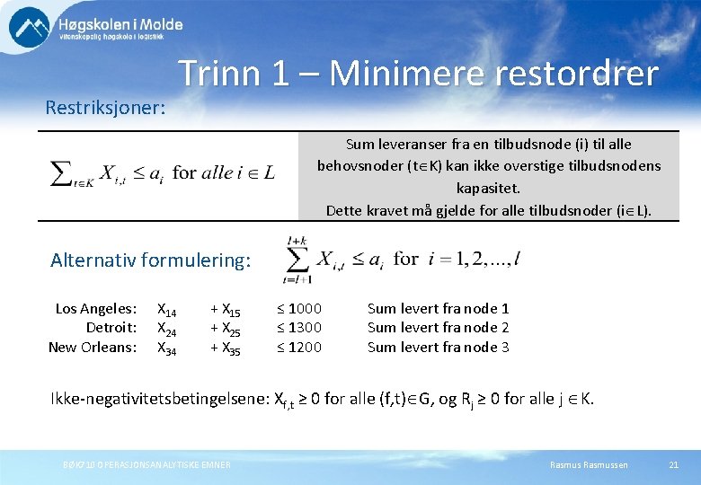 Restriksjoner: Trinn 1 – Minimere restordrer Sum leveranser fra en tilbudsnode (i) til alle