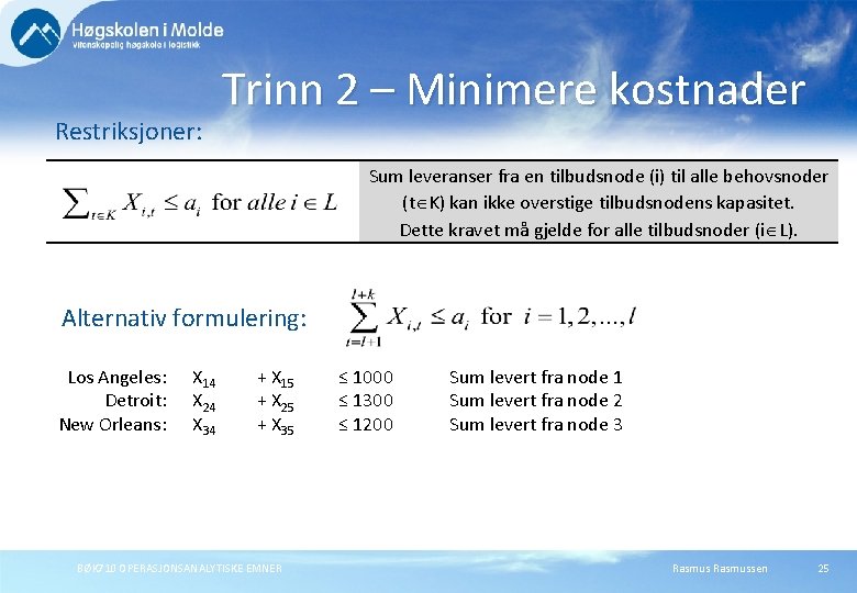 Restriksjoner: Trinn 2 – Minimere kostnader Sum leveranser fra en tilbudsnode (i) til alle