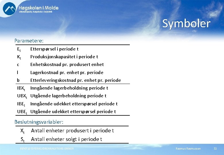 Symboler Parametere: Et Etterspørsel i periode t Kt Produksjonskapasitet i periode t c Enhetskostnad