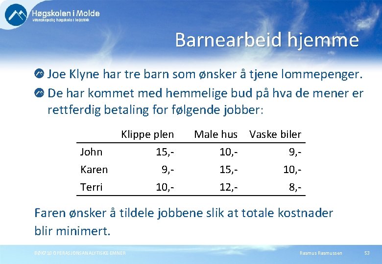 Barnearbeid hjemme Joe Klyne har tre barn som ønsker å tjene lommepenger. De har