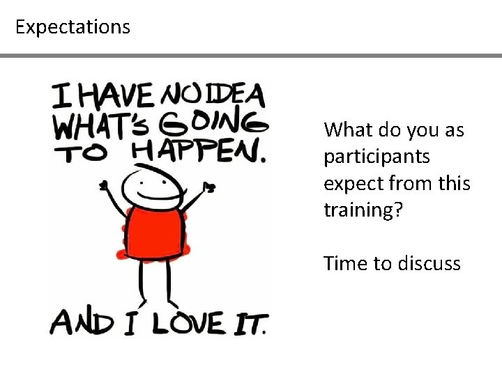 Expectations What do you as participants expect from this training? Time to discuss 